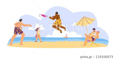 Vector illustration depicting leisure on the beach: people playing frisbee, reading and enjoying the sun Vector illustration depicting leisure on the beach: people playing frisbee, reading and enjoying the sun 119100873