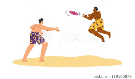 Vector illustration on a white background with young men playing frisbee on the beach 119100879