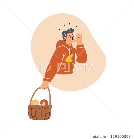 Boy with a basket of mushrooms got lost in the forest. 119100898