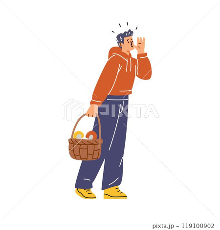 Man with basket of mushrooms get lost in wilderness, screams trying to call for help, vector disoriented mushroom picker Man with basket of mushrooms get lost in wilderness, screams trying to call for help, vector disoriented mushroom picker 119100902