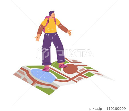 Vector illustration of a lost traveler: a young guy standing on a large map Vector illustration of a lost traveler: a young guy standing on a large map 119100909