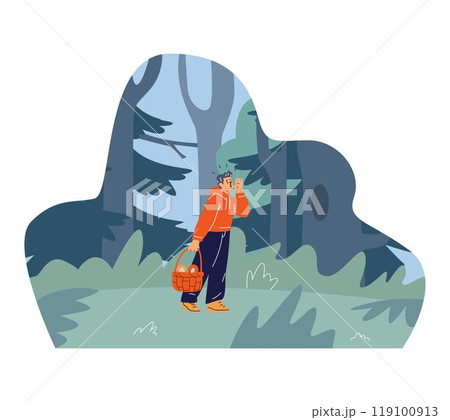 Vector illustration of a boy lost in the forest who is calling for help Vector illustration of a boy lost in the forest who is calling for help 119100913