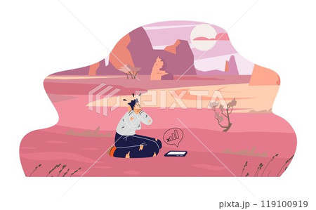 Vector illustration with traveler guy holding his head, going through a loss of telephone connection Vector illustration with traveler guy holding his head, going through a loss of telephone connection 119100919