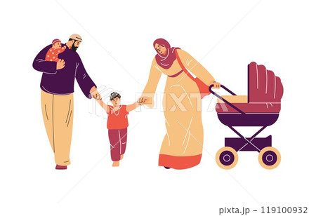 Vector illustration Muslim family with children, mother in a hijab and father in a skullcap 119100932