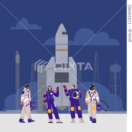 Vector illustration of female astronauts in spacesuits on the launch pad, next to the rocket. Vector illustration of female astronauts in spacesuits on the launch pad, next to the rocket. 119100962