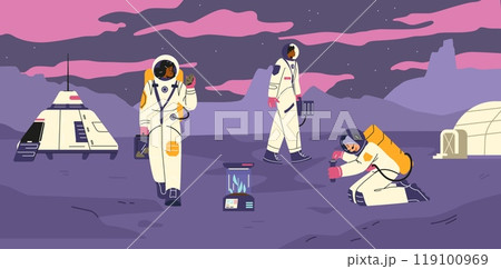 Vector illustration of female astronauts in spacesuits following a purple planet with pink clouds 119100969