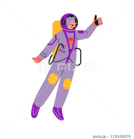 Vector illustration with a female astronaut in a spacesuit shows a gesture sign of well 119100970