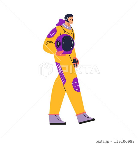 Vector illustration a walking female astronaut in a spacesuit with a helmet in her hands 119100988