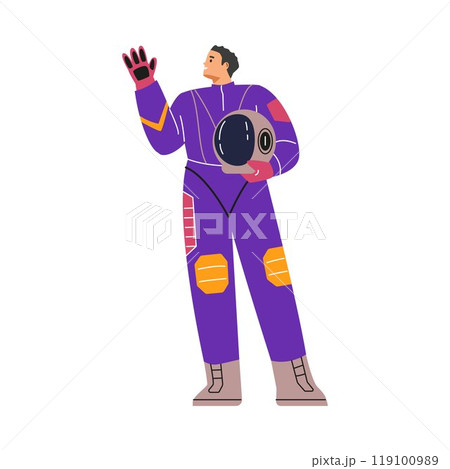 Vector illustration of a female cosmonaut in a spacesuit waving and holding a helmet Vector illustration of a female cosmonaut in a spacesuit waving and holding a helmet 119100989