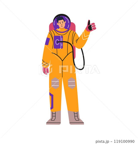 A male astronaut in a protective yellow suit is depicted with his thumb up. A male astronaut in a protective yellow suit is depicted with his thumb up. 119100990