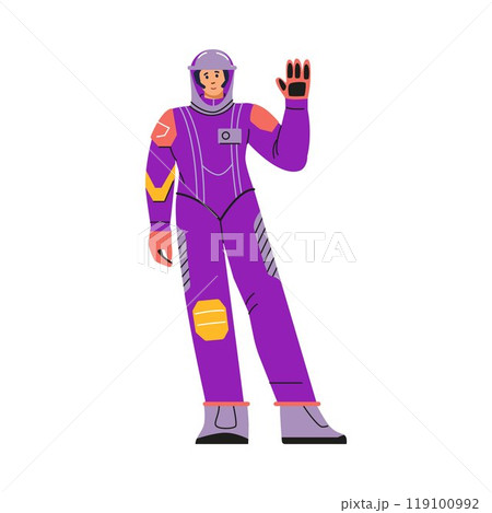 Vector illustration a female astronaut in a spacesuit waving her hand on a white background 119100992
