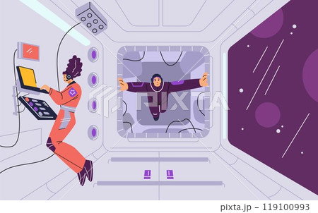 Vector illustration of female astronauts inside a spaceship with a window that overlooks the universe Vector illustration of female astronauts inside a spaceship with a window that overlooks the universe 119100993