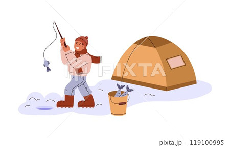 Vector graphic a boy with a fishing rod fishing in a winter setting Vector graphic a boy with a fishing rod fishing in a winter setting 119100995