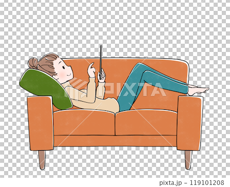 Woman relaxing on sofa looking at tablet 119101208