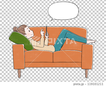 Speech bubble: A woman relaxing on the sofa while looking at her mobile phone Speech bubble: A woman relaxing on the sofa while looking at her mobile phone 119101211
