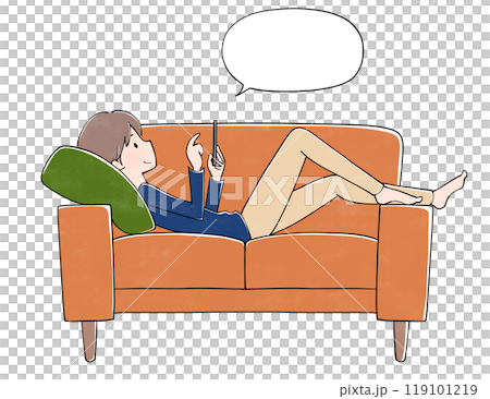 Speech bubble: A man relaxing on the sofa while looking at his mobile phone 119101219