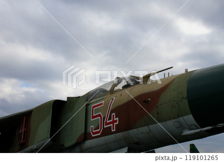 The cockpit of a landed supersonic military aircraft stock photo The cockpit of a landed supersonic military aircraft stock photo 119101265
