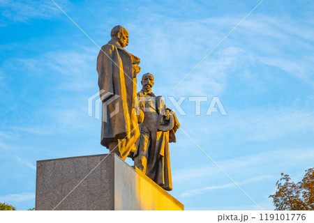 The sculptures of the Mrstik Brothers stand prominently outside the Janacek Theatre in Brno, Czechia, showcasing artistry and honoring their contributions to the region's culture and history. 119101776