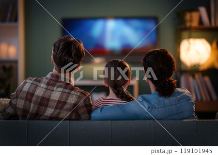 family watching  TV in the evening at home 119101945