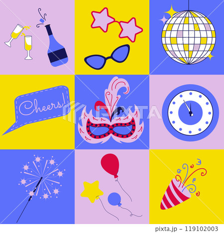 Happy new year seamless pattern. Geometric square retro design with new year party elements. Decorative vector illustration. Winter holidays. Modern trendy pattern in swatches. 119102003