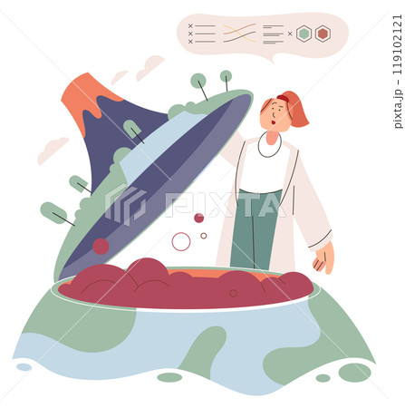 Scientist woman. Vector illustration. Scientific research in volcano core to improve Earth outcomes Scientist play crucial role in Earth care and ecology management The scientist woman Scientist woman. Vector illustration. Scientific research in volcano core to improve Earth outcomes Scientist play crucial role in Earth care and ecology management The scientist woman 119102121