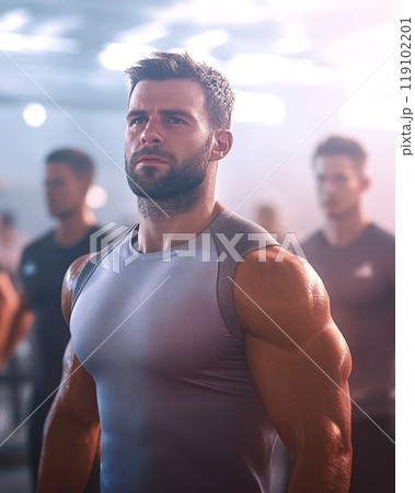 Group of Athletes Focused on Intense Training Indoors with Determination and Strength 119102201