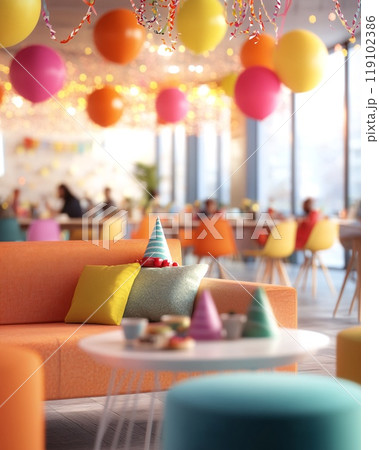 Colorful Office Party with Balloons and Decorations in Open-Plan Space 119102386