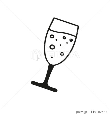 Simple minimalist illustration of a champagne glass with bubbles, set against a white background, 119102467
