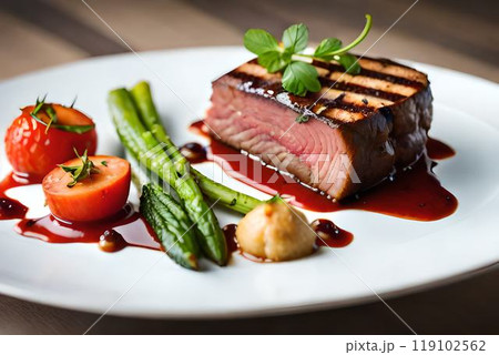 Grilled beef, grilled vegetables, in a luxurious kitchen, ultra detailed. 119102562