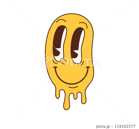 Cartoon retro groovy melt smile face, hippie character. Isolated vector yellow vintage dripping emoji, melting psychedelic facial expression. Weird, trippy face, positive, surreal acid, lsd funky vibe Cartoon retro groovy melt smile face, hippie character. Isolated vector yellow vintage dripping emoji, melting psychedelic facial expression. Weird, trippy face, positive, surreal acid, lsd funky vibe 119102577