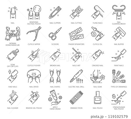 Nail manicure service icons. Nail polish and hand care tools of beauty or spa salon vector thin line symbols. Fingernail file, scissors, cutter and buffer, cuticle clipper, nipper and hand skin cream 119102579