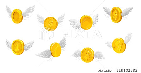 3d golden money coins with wings. Isolated vector flying currency, enchanting, mythical treasures, glimmering as they soar through the air, propelled by magical wings, symbolizing prosperity, fortune 119102582
