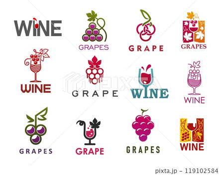 Grape wine icons, winery and vineyard vector symbols with glasses, grapes, vines and leaves. Alcohol drink bottle labels set for wine bar, restaurant, winery or store with wineglasses and splashes 119102584