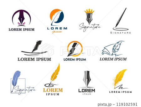 Quill icons with feather pen. Law, notary or writer symbols with vector ink pen and feather quills, book pages and gold crown. Calligraphy signature, literature, education, poetry and lawyer signs Quill icons with feather pen. Law, notary or writer symbols with vector ink pen and feather quills, book pages and gold crown. Calligraphy signature, literature, education, poetry and lawyer signs 119102591