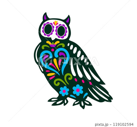 Mexican day of the dead owl animal tattoo. Vibrant vector bird sugar skull, owl-shaped skeleton, adorned with intricate patterns and vivid colors captures the essence of cultural Halloween celebration 119102594