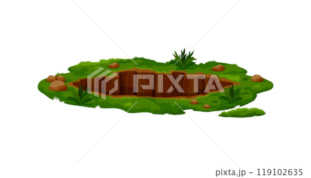 Dirty pit burrow or deep ground hole in earth soil with grass and stones, cartoon vector. Dig pit hollow or underground burrow hole dig from groundhog or mole in garden meadow or forest land Dirty pit burrow or deep ground hole in earth soil with grass and stones, cartoon vector. Dig pit hollow or underground burrow hole dig from groundhog or mole in garden meadow or forest land 119102635