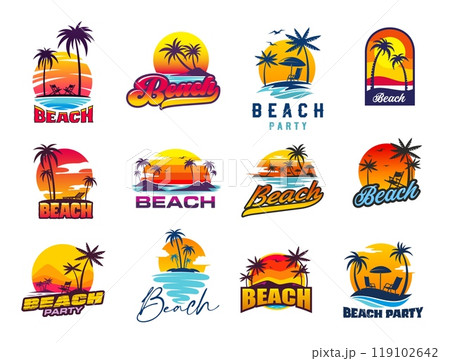 Tropical summer beach icons with palm trees, resort paradise, vector travel, vacation and tourism. Tropical island sunset symbols set for summer beach party with sea waves, palms, chairs and umbrellas 119102642