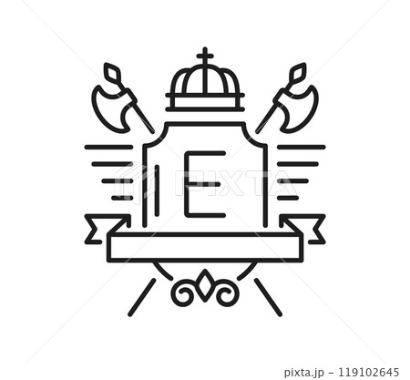 Medieval heraldry line icon of heraldic coat of arms with shield and monarch crown, vector emblem. Royal heraldic symbol of king crown with crossed knight axe swords on shield with antique ribbon Medieval heraldry line icon of heraldic coat of arms with shield and monarch crown, vector emblem. Royal heraldic symbol of king crown with crossed knight axe swords on shield with antique ribbon 119102645
