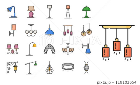 Lamp color line icons. Halogen and flashlight, lantern and chandelier, candle and spotlight, vector outline home lighting and street lights set. Table, wall, floor stand and ceiling lamps 119102654