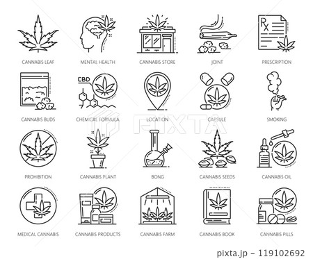 Cannabis line icons of CBD and marijuana weed extract for medical smoking, vector pictograms. Cannabis line icons of marijuana leaf and buds, CBD oil, smoking bong and cannabinoid chemical formula 119102692