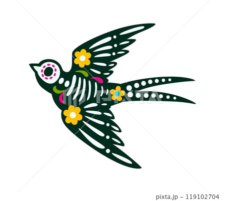Mexican day of the dead swallow animal tattoo. Isolated vector vibrant sugar skull of flying bird with bones, intricate patterns, bold colors and floral motifs symbolizing cycle of life and death 119102704