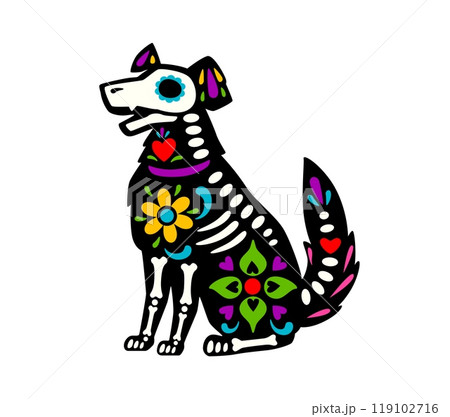 Dead Halloween skeleton, Mexican day of the dead dog animal tattoo, sugar skull pet. Isolated vector Dia de los muertos sitting puppy shape with red heart, vibrant floral motifs and bones pattern 119102716
