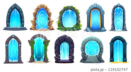 Fantasy game magic portal, cartoon fairytale doors set. Vector gates, doorways and gateways to worlds of adventure, teleportation, and time-travel. Mystical energy plasma light framed in stone arches 119102747