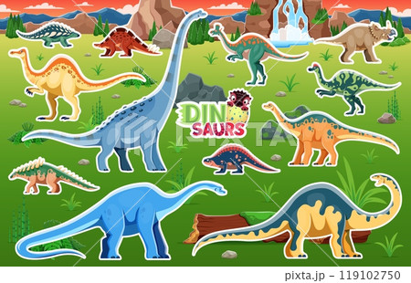 Dinosaur stickers, funny dino and Jurassic lizards in jungles park, vector cartoon background. Kids dinosaur prehistoric reptile stickers collection with arrhinocerpators, hypacrosaurus, panoplosaurus Dinosaur stickers, funny dino and Jurassic lizards in jungles park, vector cartoon background. Kids dinosaur prehistoric reptile stickers collection with arrhinocerpators, hypacrosaurus, panoplosaurus 119102750