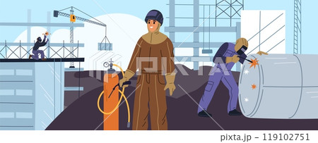 Builders and welders work at construction site. Workers welding of steel pipeline. Connecting metal structures. Gas cylinder. Professional steelwork. Garish vector metalwork concept Builders and welders work at construction site. Workers welding of steel pipeline. Connecting metal structures. Gas cylinder. Professional steelwork. Garish vector metalwork concept 119102751
