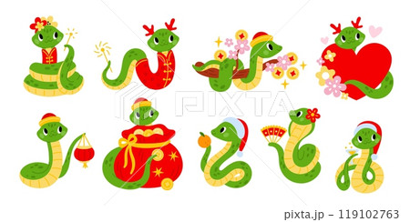 Cute snake characters. 2025 New Year symbol. Chinese New Year mascot. Cartoon green serpent with Christmas hat and money prosperity bag. Horoscope sign. Zodiac animal. Garish vector set 119102763
