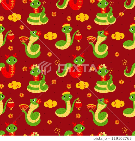 Cute snakes seamless pattern. Funny serpents. Chinese New Year mascot. Zodiac animals. Repeated print. 2025 symbol. Asian horoscope. Holiday reptile characters. Garish vector background 119102765