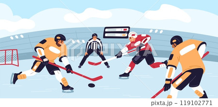 Ice hockey match. Teams of athletes with clubs fight for puck in front of referee. Sports game competition. Athletic leagues championship. Skaters play at rink. Garish vector concept Ice hockey match. Teams of athletes with clubs fight for puck in front of referee. Sports game competition. Athletic leagues championship. Skaters play at rink. Garish vector concept 119102771
