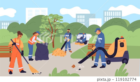 Janitors cleaning street. Cleaners team in uniform collect garbage and fallen leaves. Groundskeepers sweeping park paths. Sweeper vacuuming rubbish from city roads. Garish vector concept 119102774