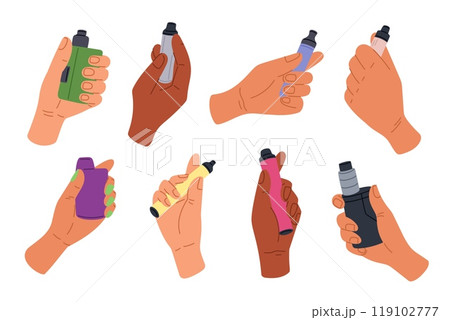 Male and female hands holding vapes. Modern nicotine free gadgets. Electronic cigarettes. Tobacco smoking. Unhealthy addiction. Smoke simulating. Vaping device. Human arm. Garish vector set Male and female hands holding vapes. Modern nicotine free gadgets. Electronic cigarettes. Tobacco smoking. Unhealthy addiction. Smoke simulating. Vaping device. Human arm. Garish vector set 119102777